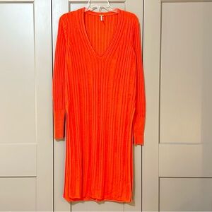 Free People Ribbed Deep V Sweater Tunic Side Slits Red Orange Women’s Size Small